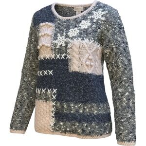 Patchwork Sweater Blue Cream Embroidered Floral Women's SM Cottage core Country